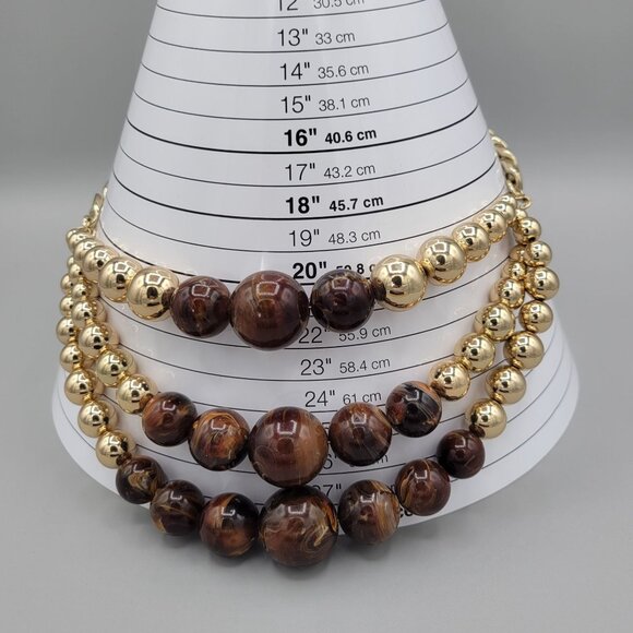 Erica Lyons Chunky Beaded Statement Necklace Gold Brown Beads Triple Strand - Picture 9 of 9
